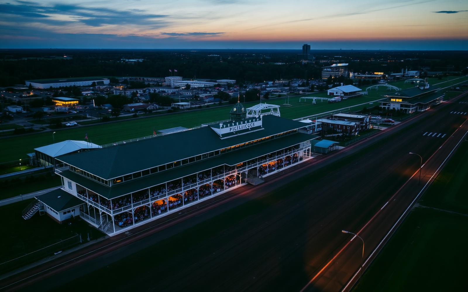 Pimlico Race Course at dusk